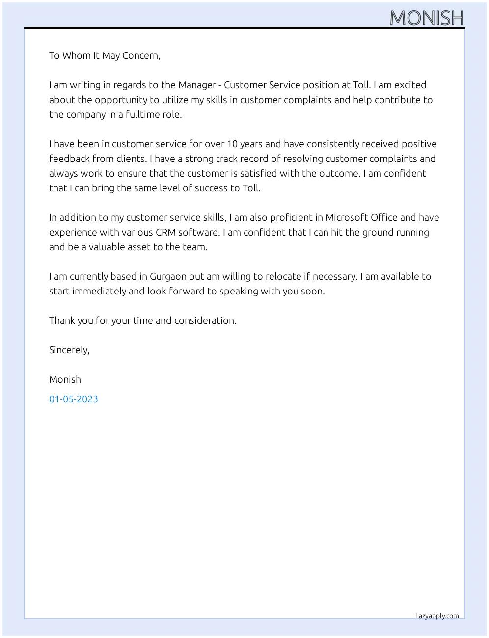 42046 customer service manager cover letter