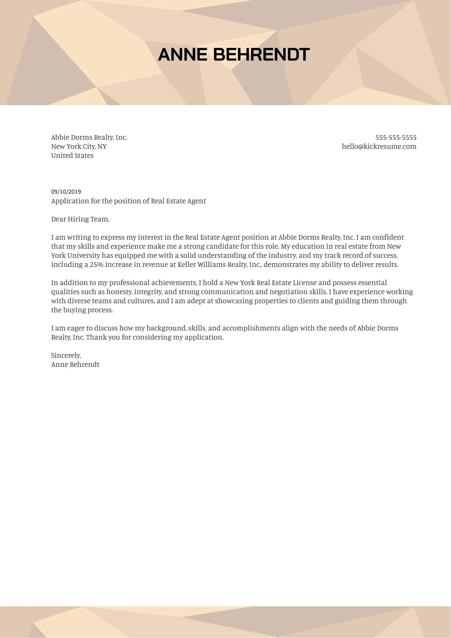 42052 real estate cover letter formatting