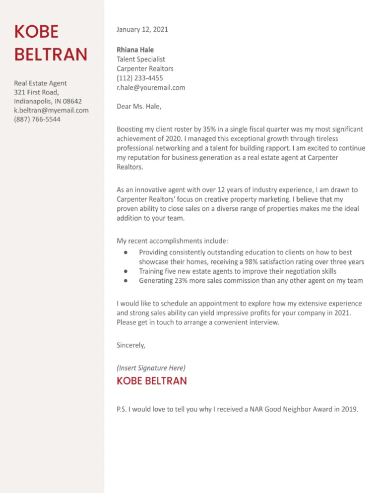 42052 real estate sales agent cover letter
