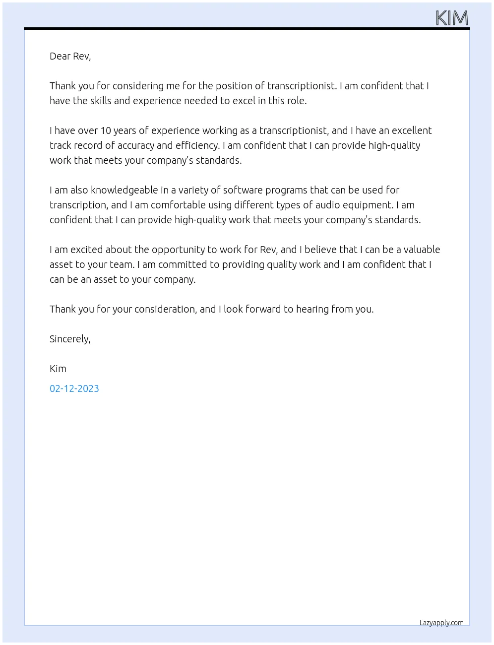 42070 transcription cover letter writing