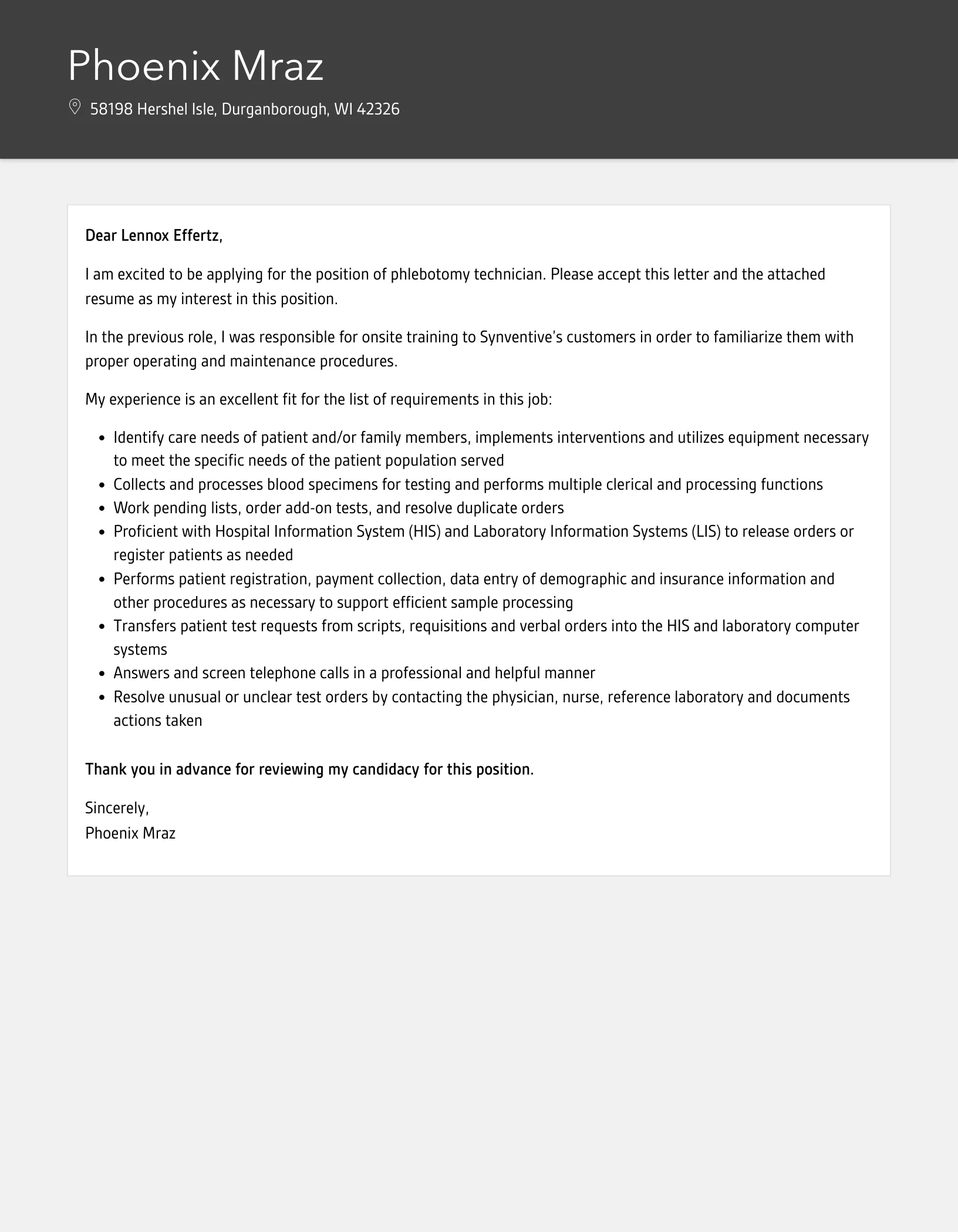 42167 phlebotomy cover letter formatting