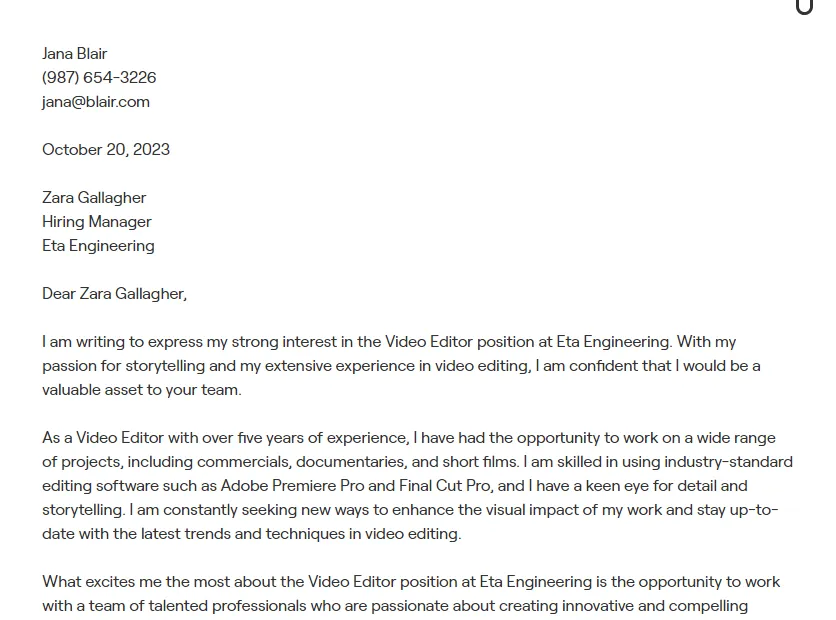 42181 video editor cover letter achievements