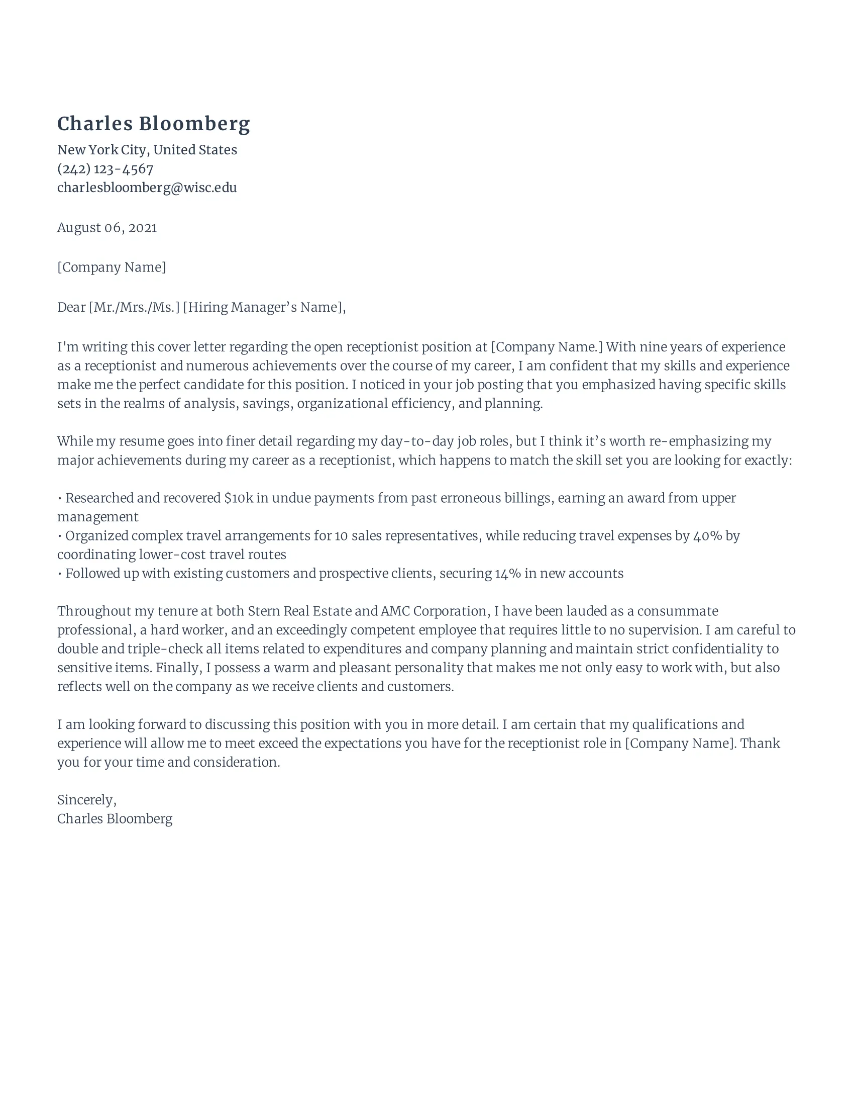 42189 receptionist cover letter components